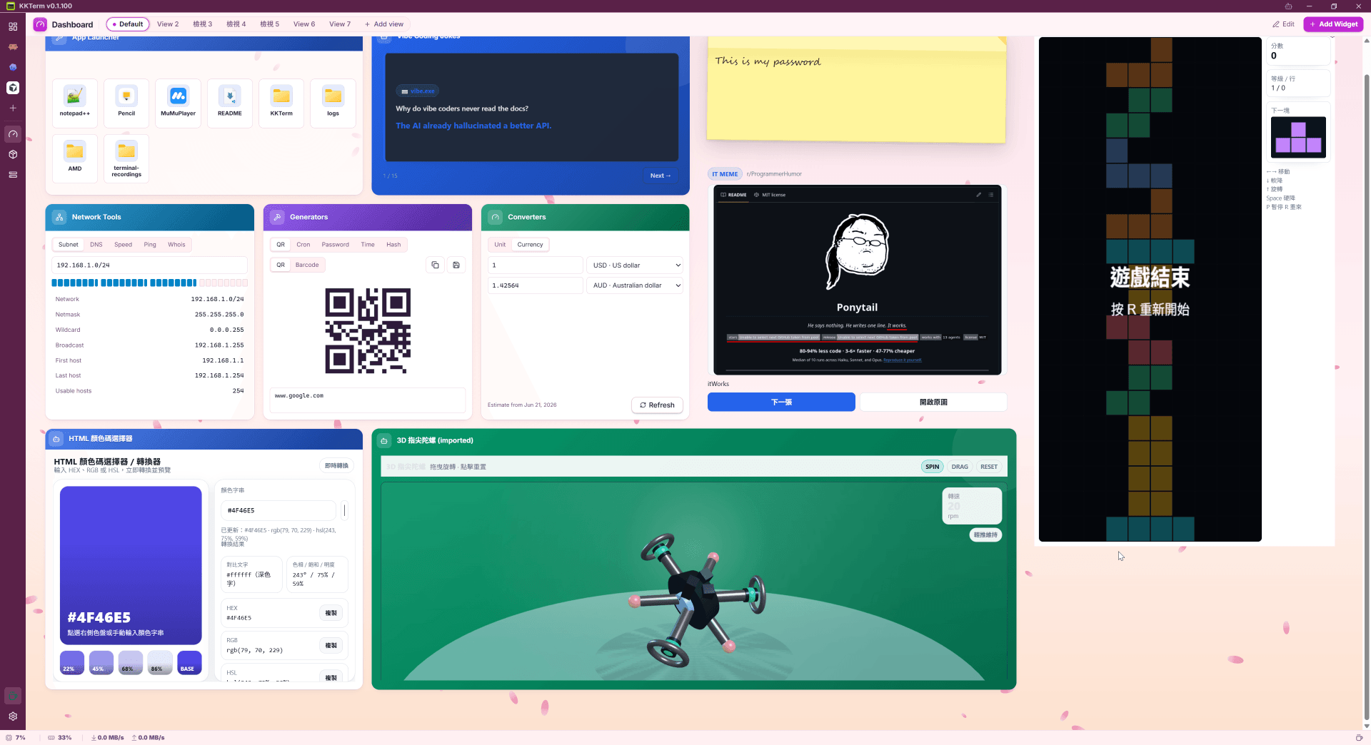 KKTerm Dashboard with a grid of AI-created widgets