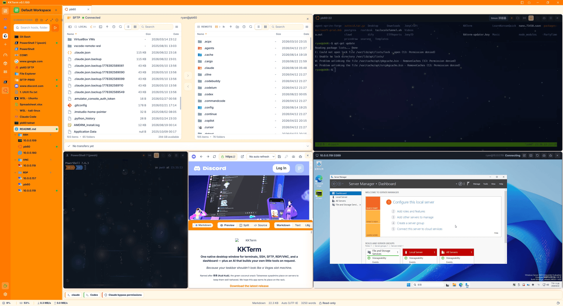 KKTerm Tab with SSH terminals, SFTP, and a web interface arranged in one grid