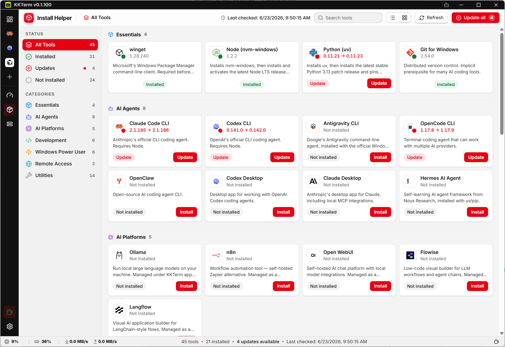 KKTerm Install Helper catalog with installed and available developer tools