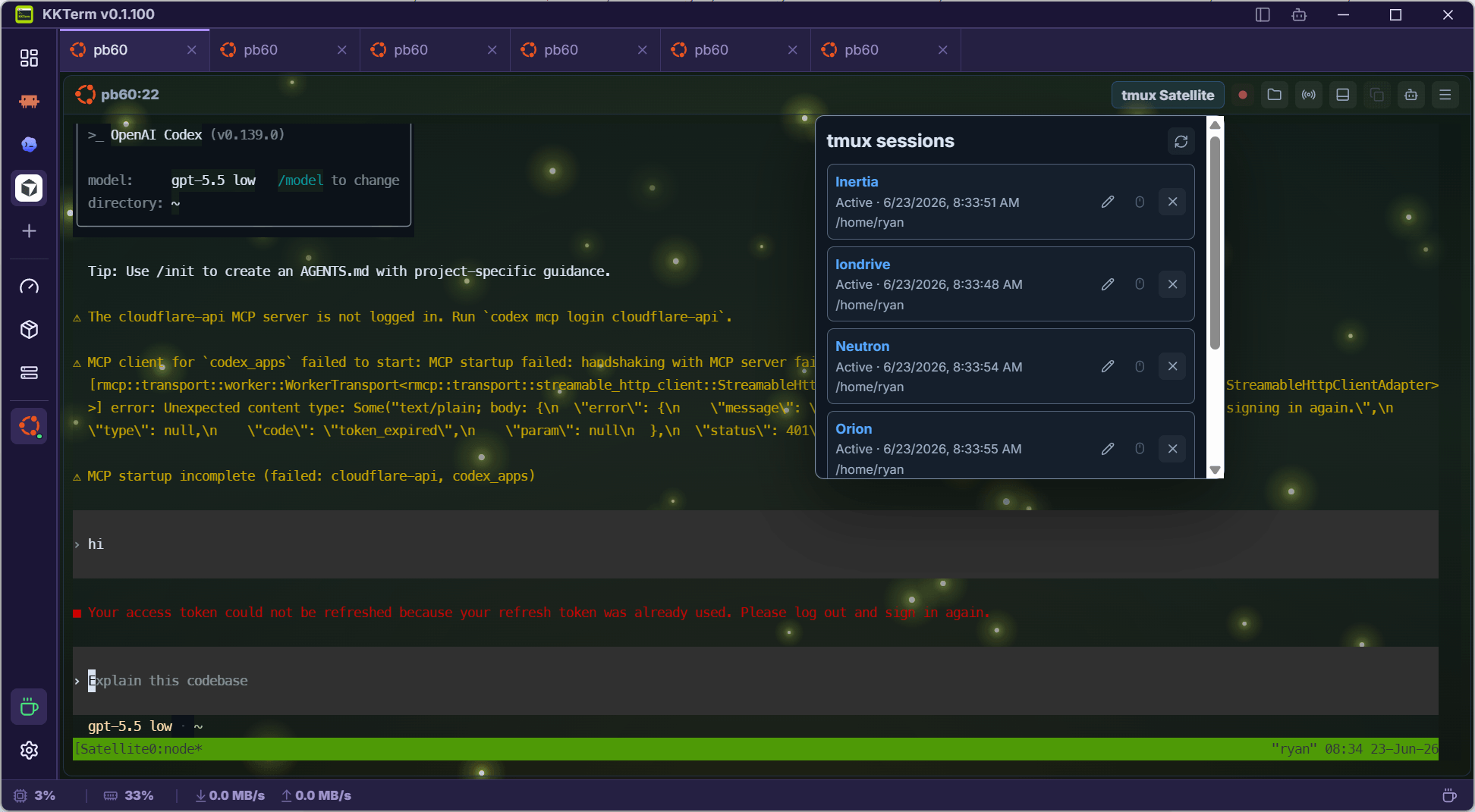 SSH terminal Panes re-attached to named tmux sessions in KKTerm